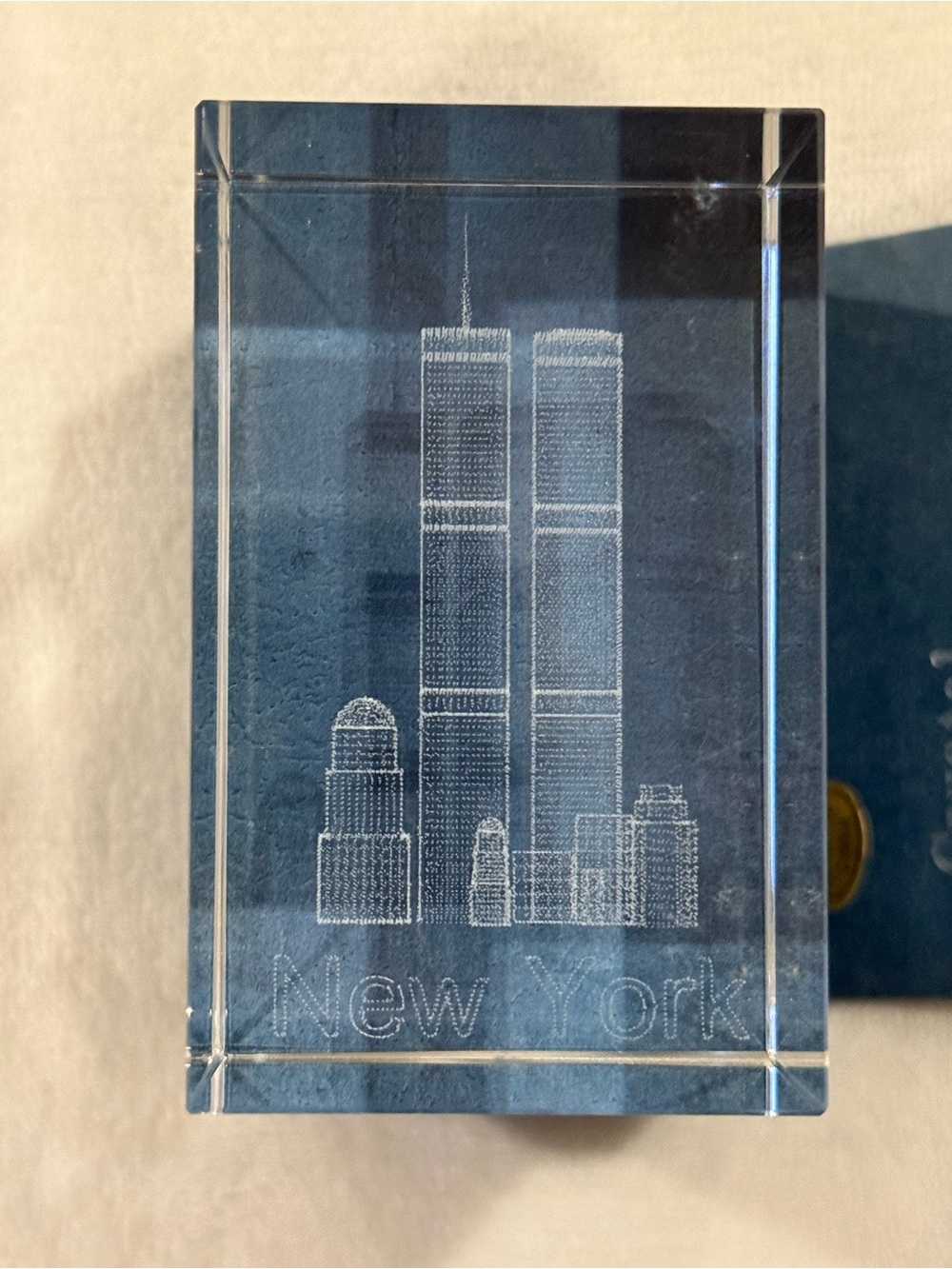 New York Crystal Block with Twin Towers Etching New in Box